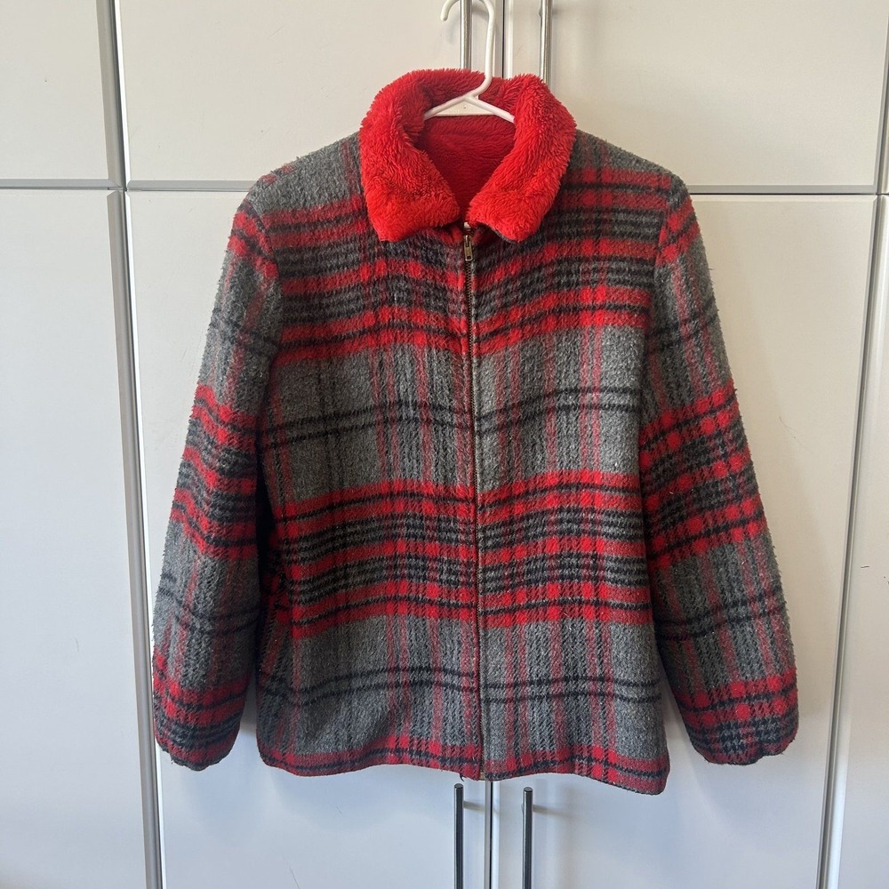 Vintage Red Grey Plaid Zip Up Jacket Faux Fur Collar Talon Zipper Mens Large